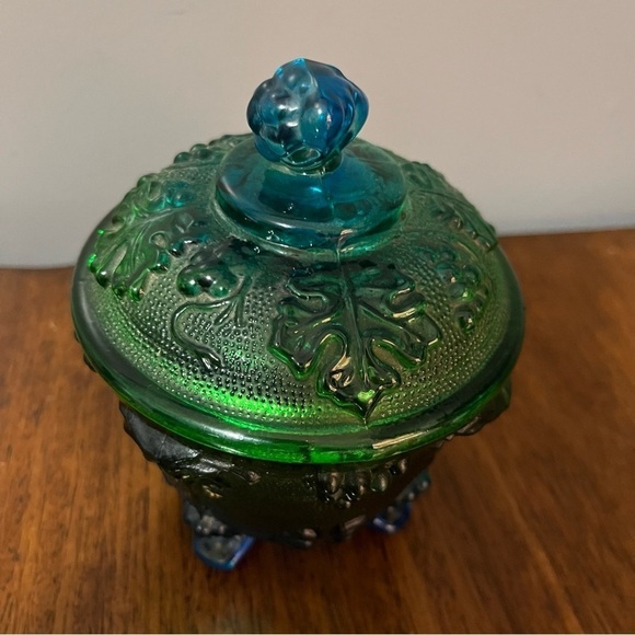 MCM Jeanette Blue Green Footed Covered Candy Bowl Grapes Motif - Picture 5 of 12